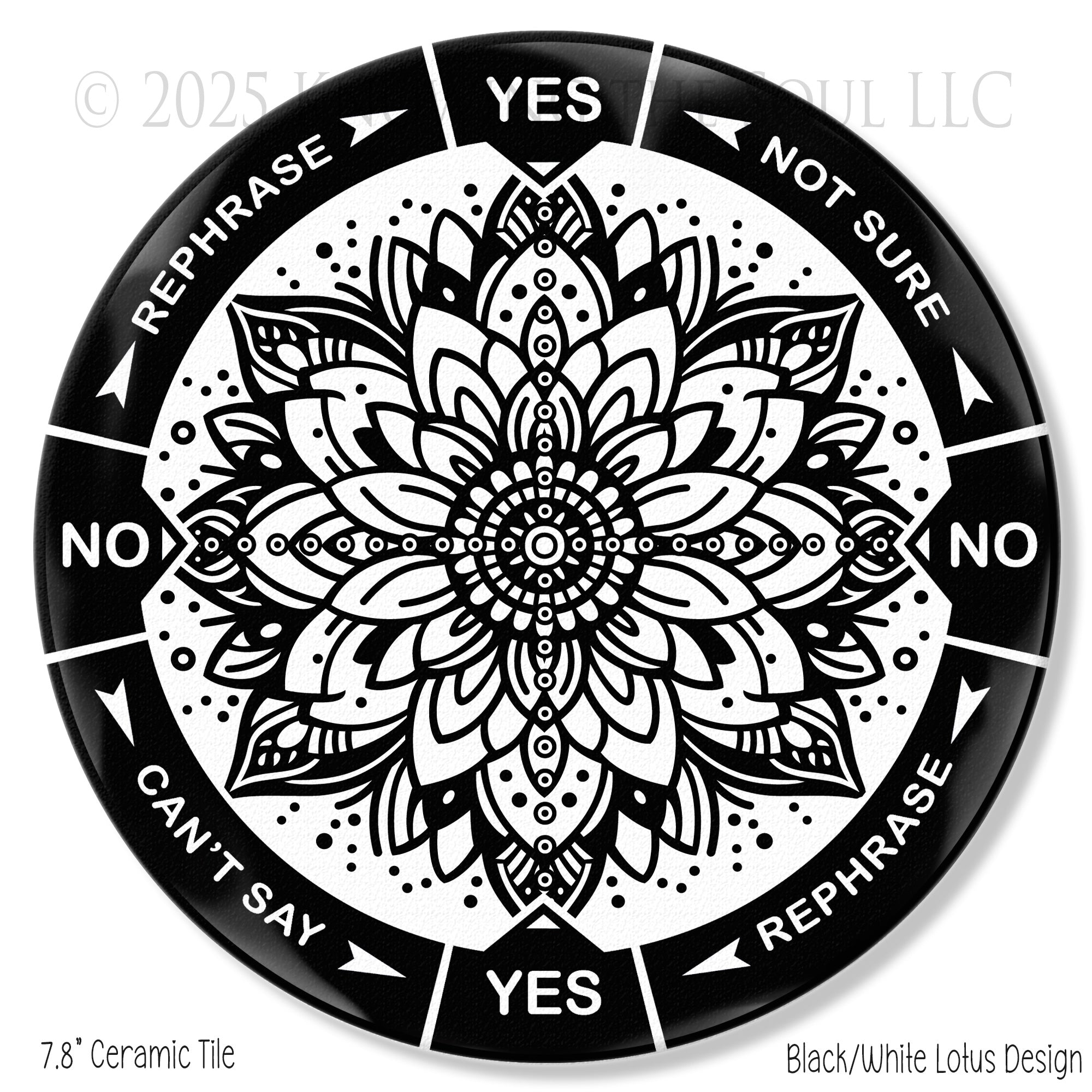 Black/White Lotus design 8" ceramic tile pendulum chart by Ask Your Pendulum, Knowing the Soul LLC