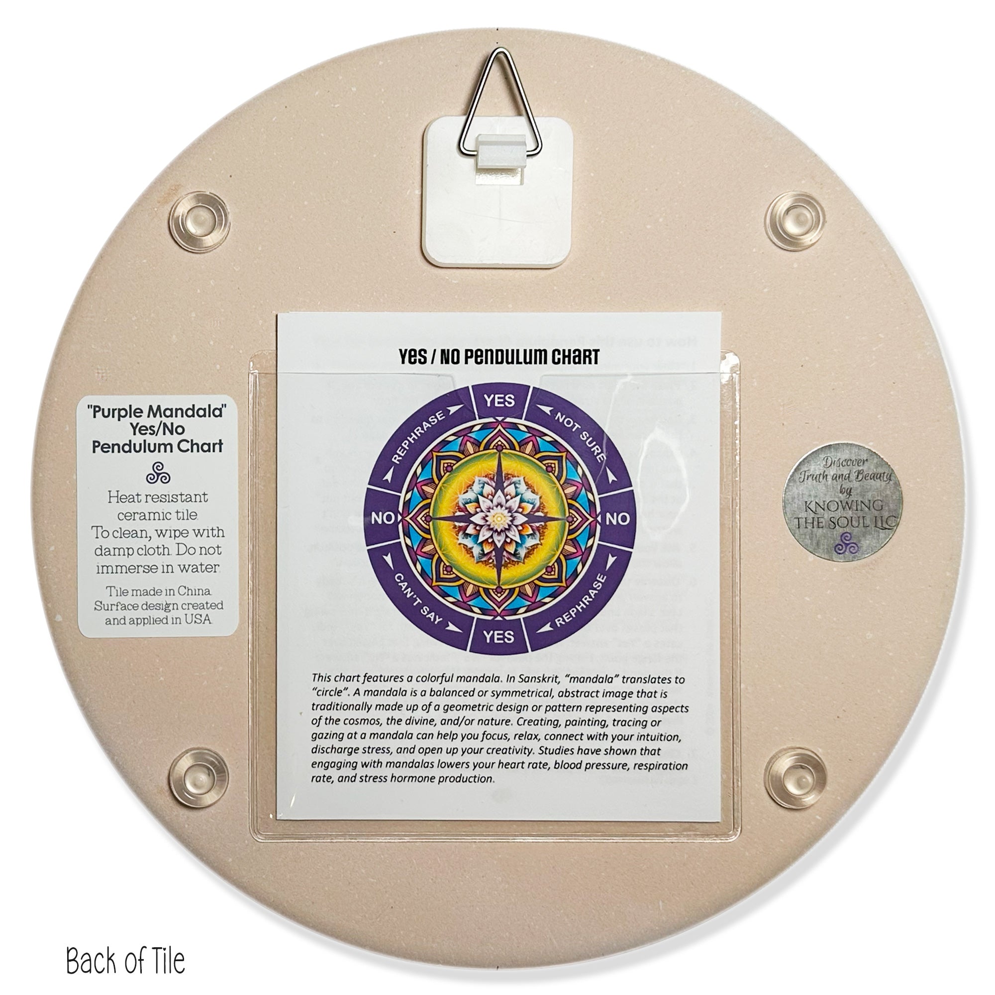Back of chart - Purple Mandala 8" ceramic tile pendulum chart by Ask Your Pendulum, Knowing the Soul LLC