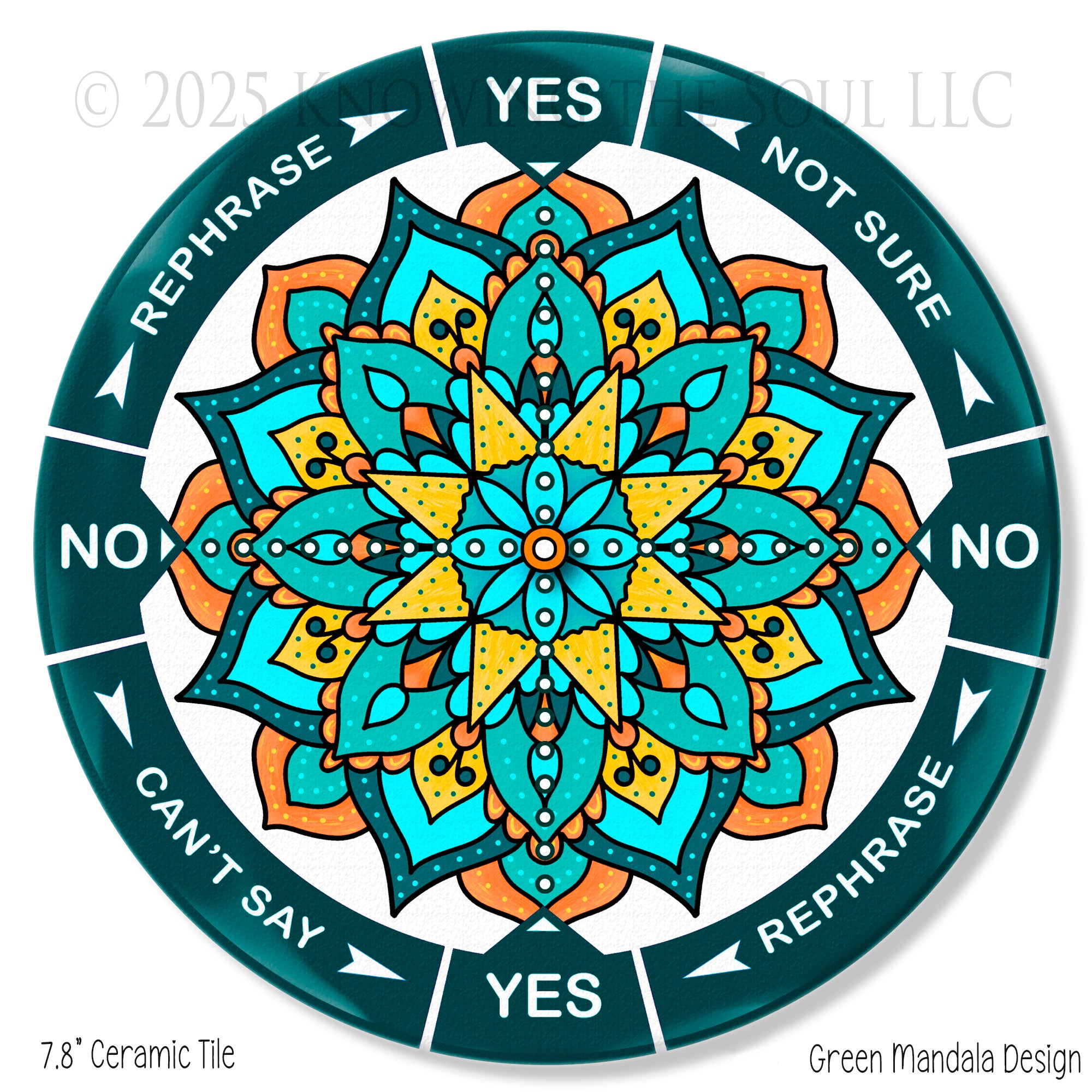 Green Mandala 8" ceramic tile pendulum chart by Ask Your Pendulum, Knowing the Soul LLC