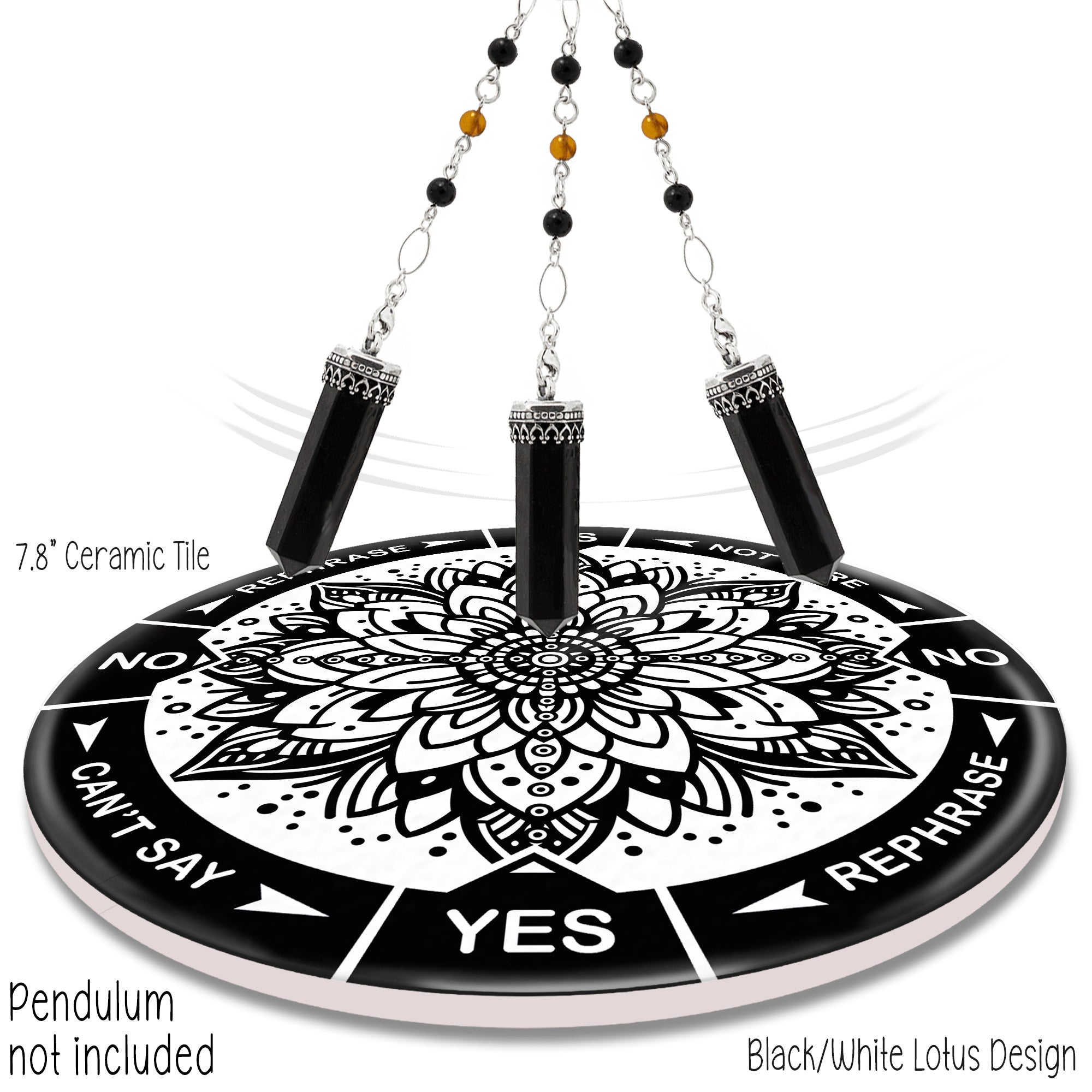 Black/White Lotus  8" ceramic tile pendulum chart by Ask Your Pendulum, Knowing the Soul LLC