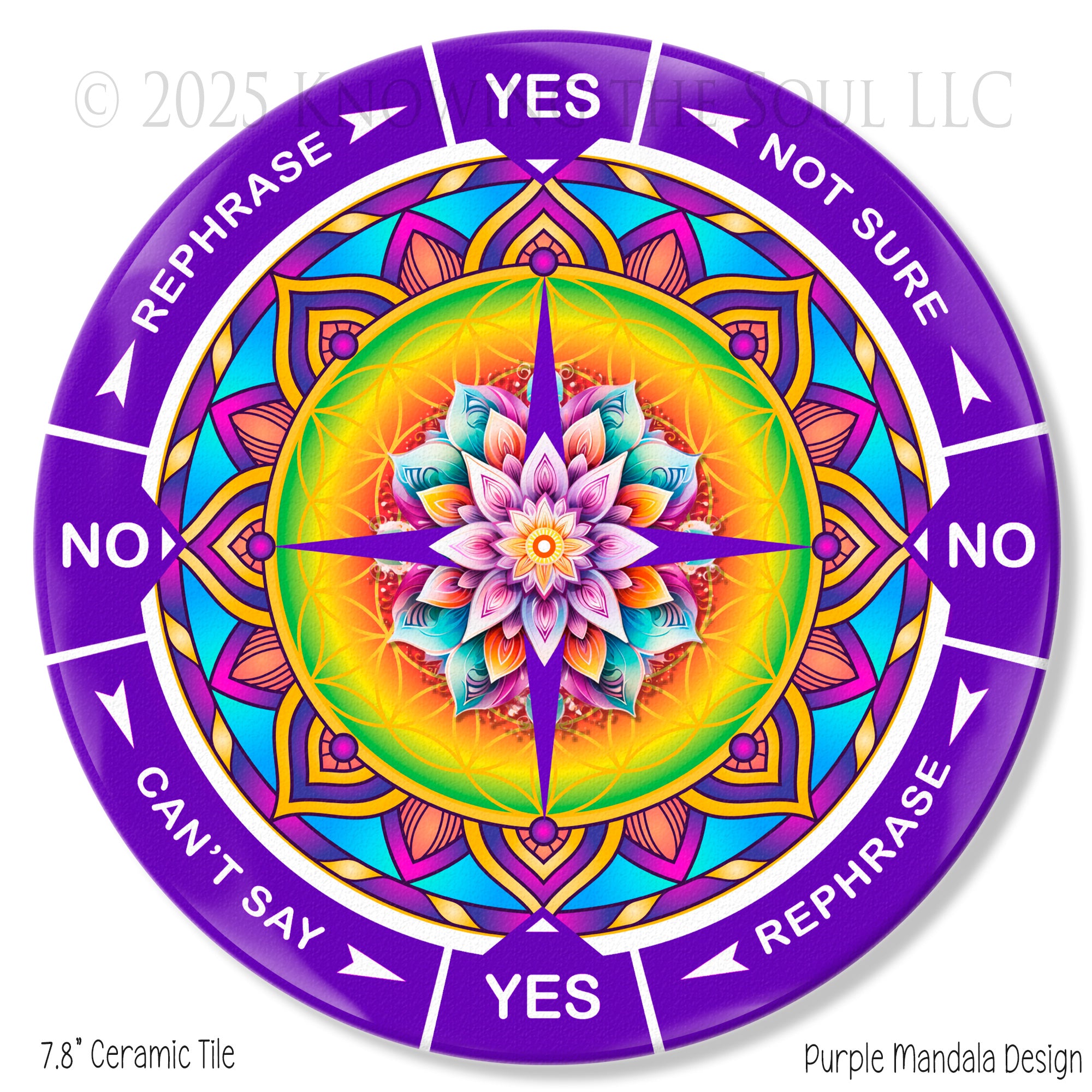 Purple Mandala 8" ceramic tile pendulum chart by Ask Your Pendulum, Knowing the Soul LLC