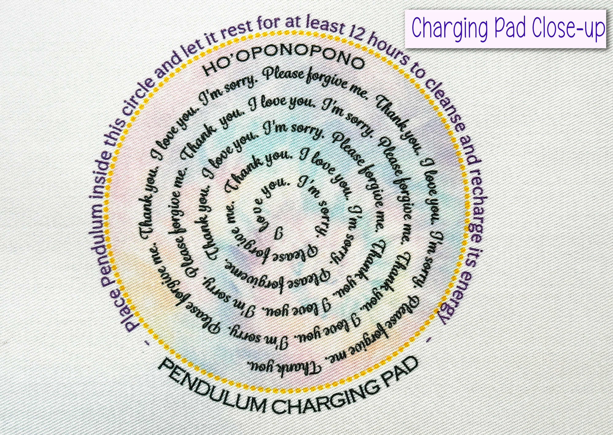 Ho'oponopono pendulum charging pad on the Ultimate All-in-One Pendulum Cloth Mat - Includes 7 Pendulum Charts & Pendulum Charging Pad  by Ask Your Pendulum