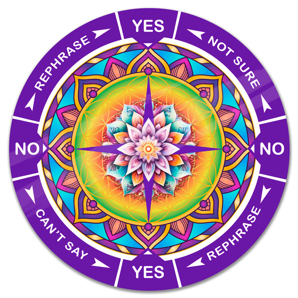 Colorful Mandala Yes/No Pendulum Chart - 8 inch round Aluminum by Ask Your Pendulum