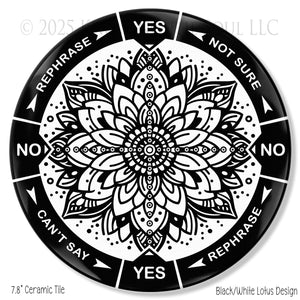 Black/White Lotus design 8" ceramic tile pendulum chart by Ask Your Pendulum, Knowing the Soul LLC