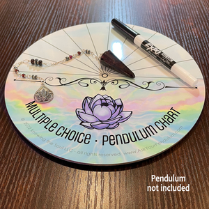 Multiple Choice Aluminum Pendulum Chart - 8 inch round by Ask Your Pendulum, shown with included dry erase marker and a pendulum (pendulum is sold separately)