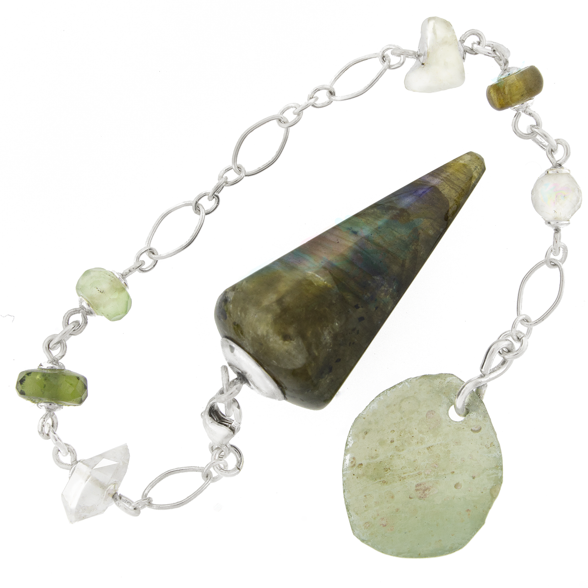 One of a Kind #362 - Labradorite, Moldavite, Libyan Desert Glass, Herkimer Diamond, Rainbow Moonstone and Sterling Silver Pendulum by Ask Your Pendulum
