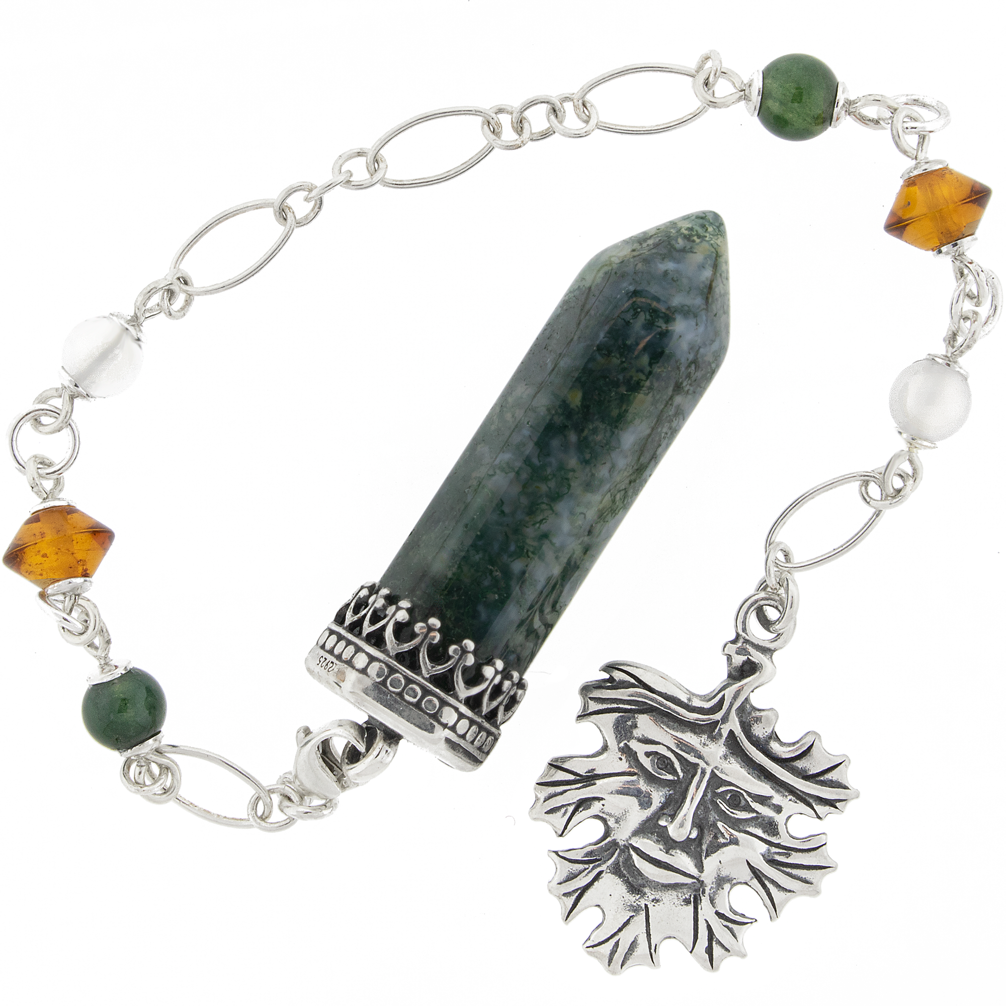 One of a Kind #373 - Moss Agate, Baltic Amber, White Agate and Sterling Silver Pendulum by Ask Your Pendulum