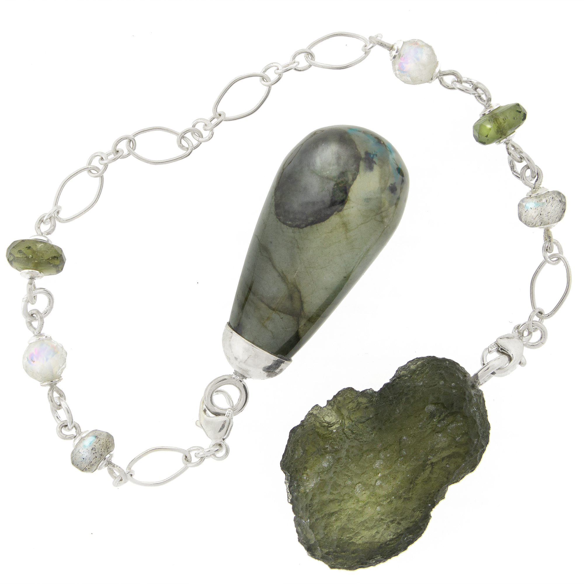 One of a Kind #382 - Labradorite, Moldavite, Rainbow Moonstone and Sterling Silver Pendulum