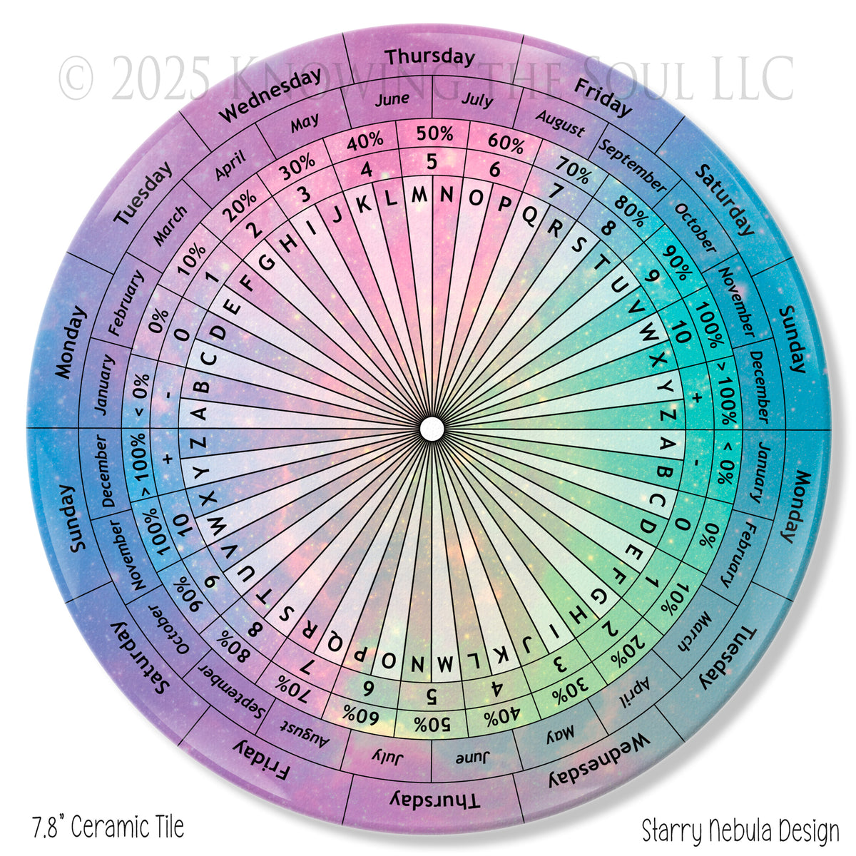 Alpha Numeric Starry Nebula Design 8" ceramic tile pendulum chart by Ask Your Pendulum, Knowing the Soul LLC