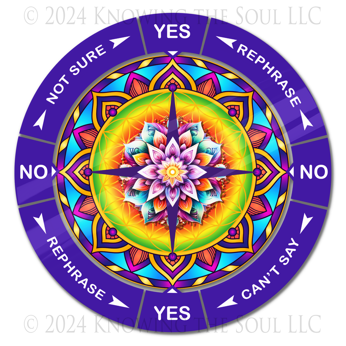 Colorful Mandala Yes/No Pendulum Chart - 8 inch round Aluminum