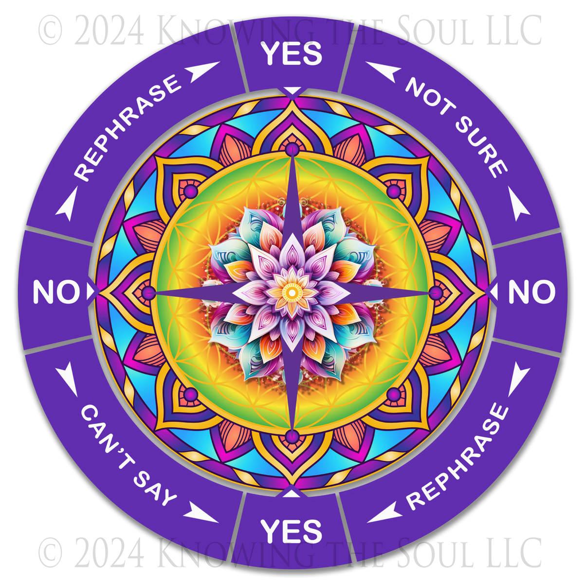 Colorful Mandala Yes/No Pendulum Chart - 8 inch round Aluminum