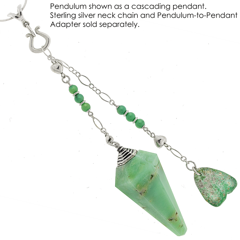 One of a Kind #225 - Chrysoprase, Moss Opal, Ancient Roman Glass and Sterling Silver Pendulum shown as a cascading pendant by Ask Your Pendulum