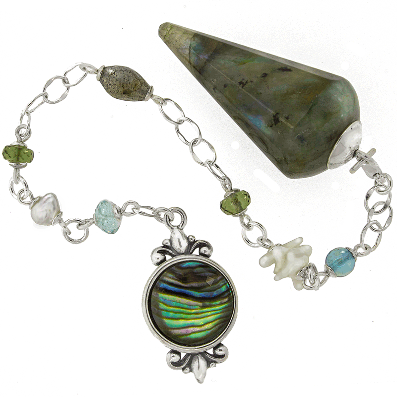One of a Kind #243 Labradorite, Moldavite, Aqua Aura, Pearl, Coral, Abalone and Sterling Silver Pendulum by Ask Your Pendulum