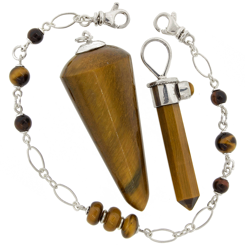 One of a Kind #269 - Tigers Eye and Sterling Silver Pendulum by Ask Your Pendulum, showing chain disconnected from weight-stone and fob
