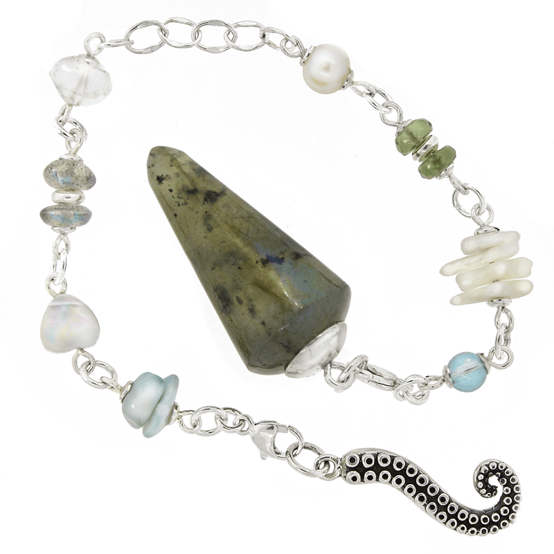 One of a Kind #291 - Labradorite, Aqua Aura, Coral, Moldavite, Pearl, Herkimer Diamond, MOP, Larimar and Sterling Silver Pendulum by Ask Your Pendulum