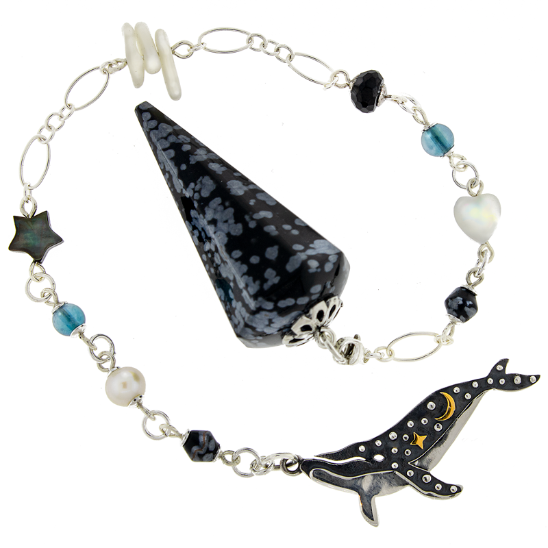 One of a Kind #293 - Snowflake Obsidian, Aqua Aura, Black Spinel, Pearl, Coral, MOP, Black Lip Shell and Sterling Silver Pendulum by Ask Your Pendulum
