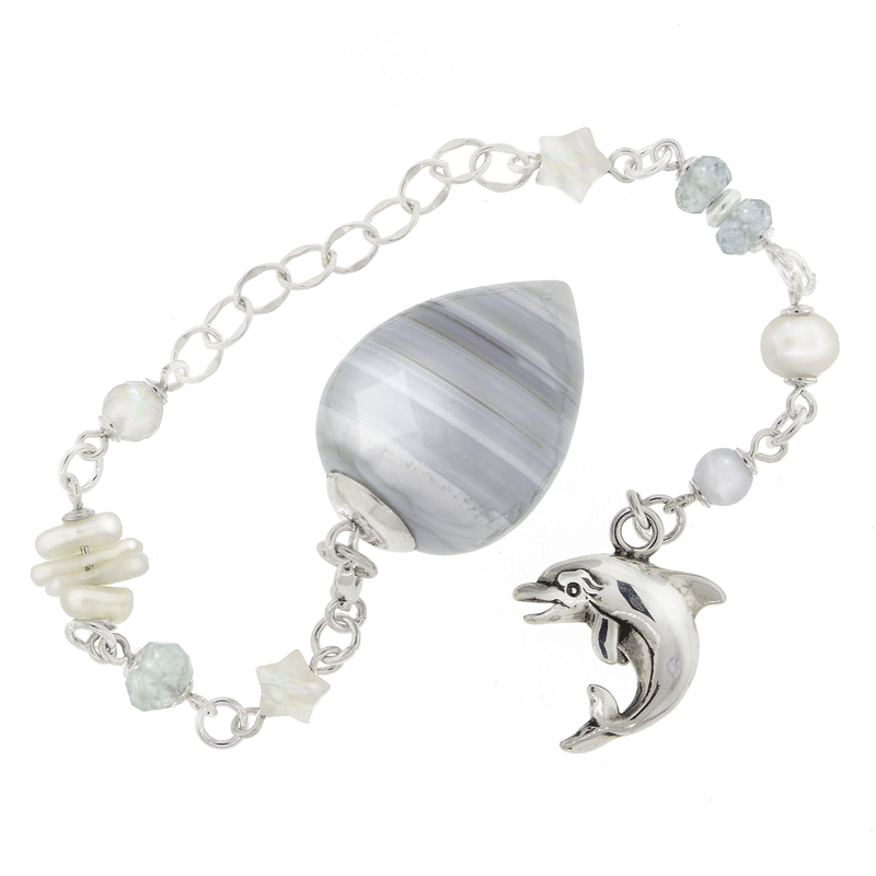 One of a Kind #330 - Botswana Agate, Aquamarine, MOP, Coral, Rainbow Moonstone, Pearl, Blue Lace Agate and Sterling Silver Pendulum